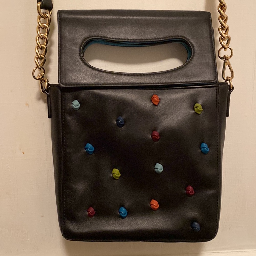 Cutout Handle Crossbody Leather Bag with Goldtone Link Embellishment on Strap